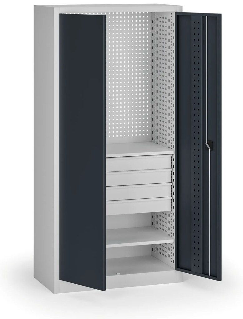 Policová dielenská skriňa 2-dverová, 2 police + 4 zásuvky, 1950 × 950 × 500 mm, grafitové dvere