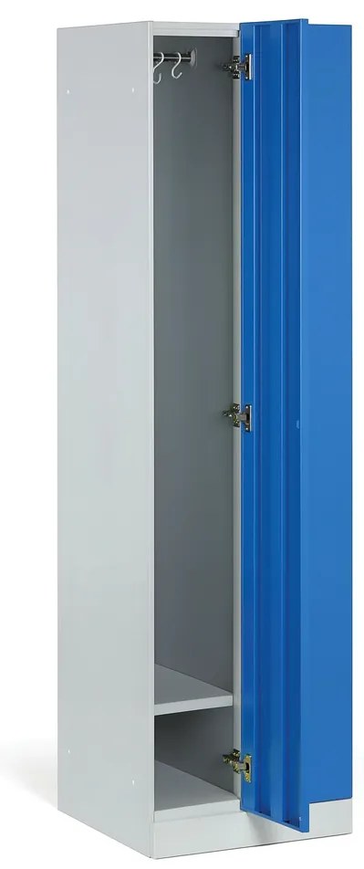 Kovová šatníková skrinka S1 zúžená, 2 oddiely, 1850 x 500 x 500 mm, kódový zámok, modré dvere
