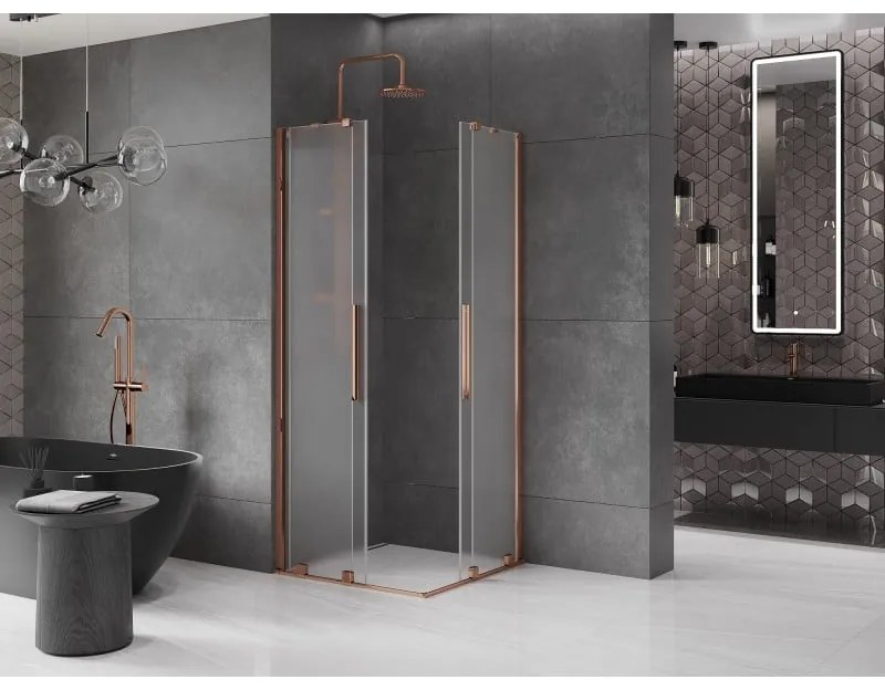 Mexen Velar Duo, sprchový kút s posuvnými dverami 90 x 90 cm, 8mm sklo námraza, ružové zlato, 871-090-090-32-60