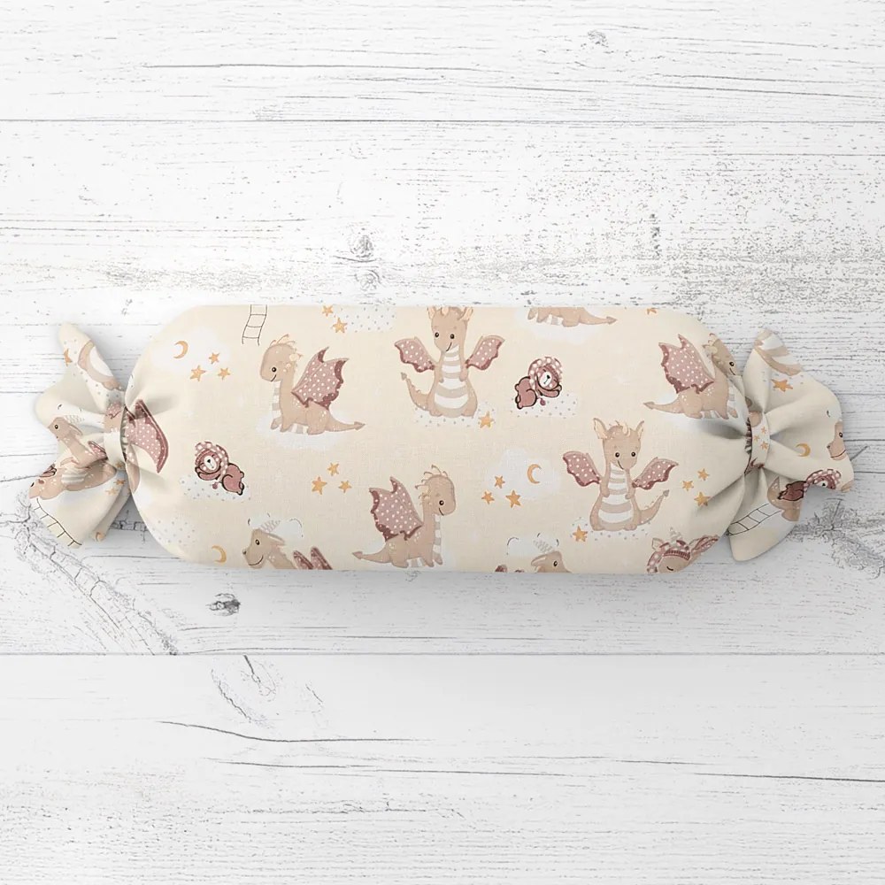 Biante Detský vankúš valec bonbon Sandra SA-467 Dráčikovia na žltobéžovom 15x60 cm