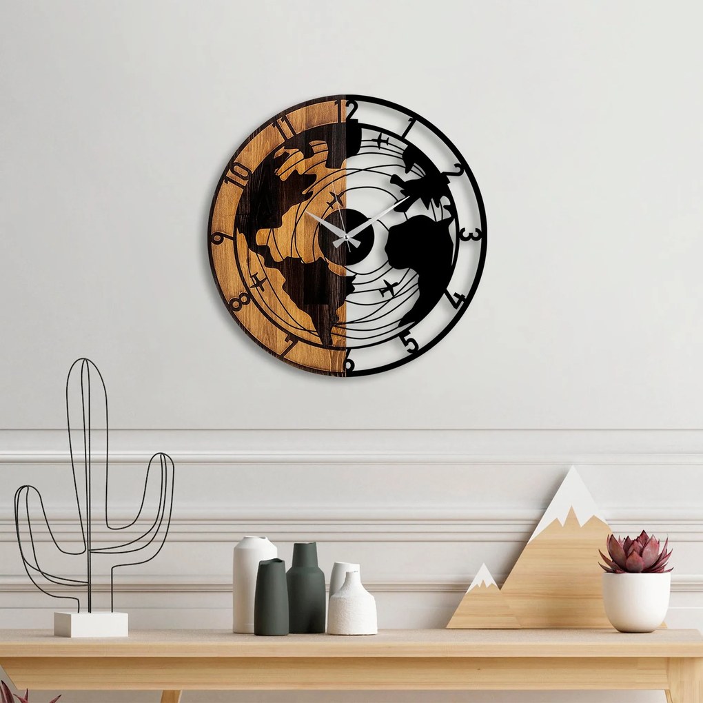 Dekoratívne nástenné hodiny WALLIE WOODEN WORLD MAP 56 cm orech/čierne