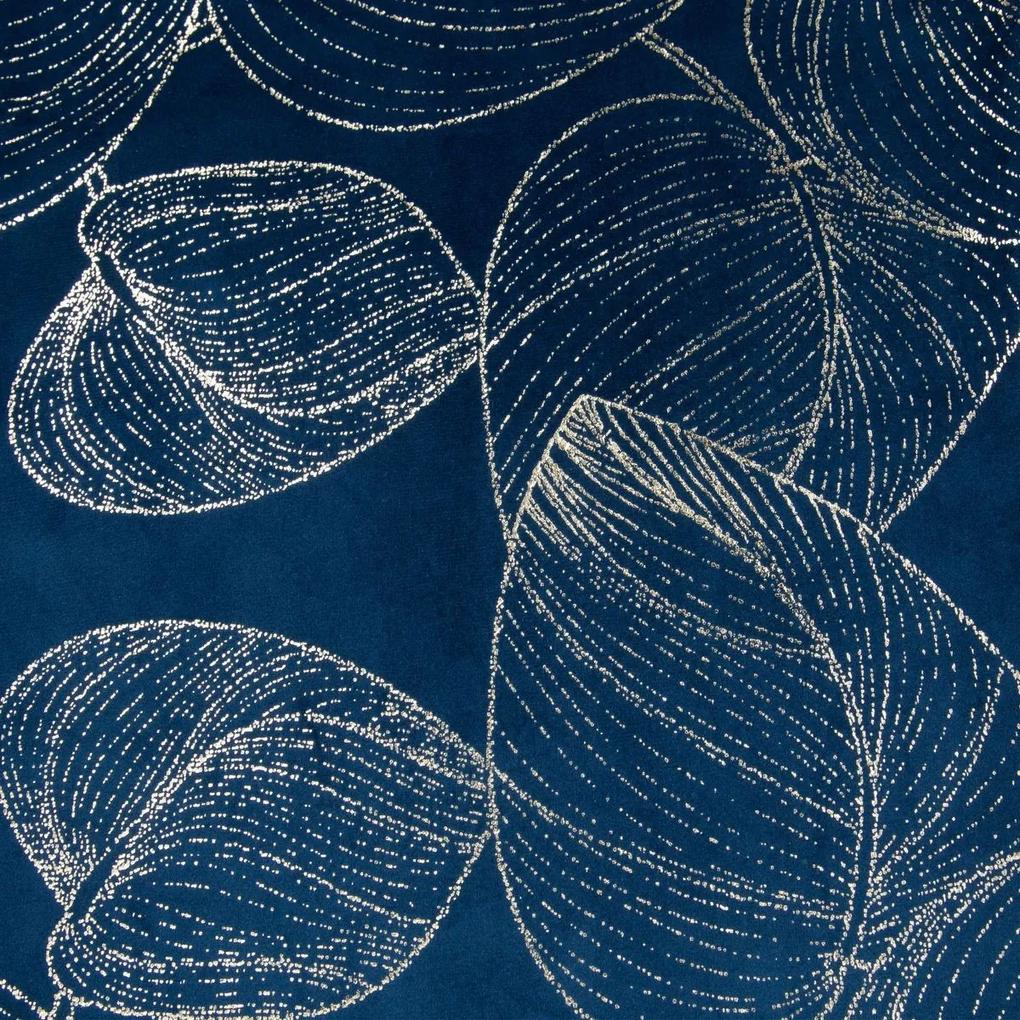 Zamatový stredový obrus s lesklou potlačou listov modrej farby