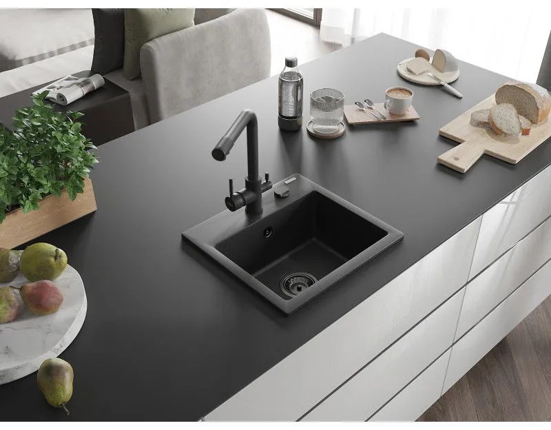 Mexen Milo, granitový drez 435x410x171 mm, 1-komorový a čierna batéria Duero, čierna, 6505-77-671600-70-B