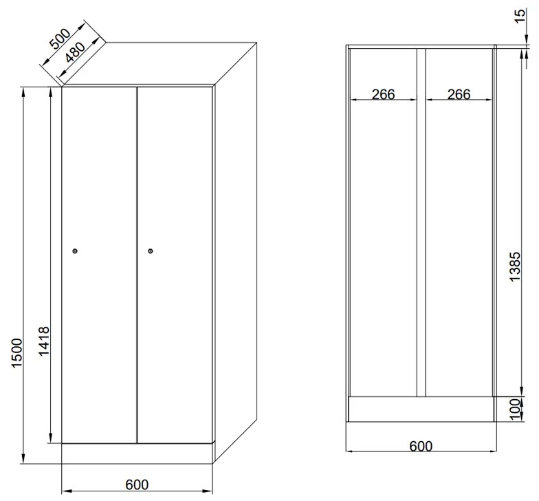 Šatníková skrinka znížená, 2 oddiely, 1500 x 600 x 500 mm, mechanický kódový zámok, laminované dvere, dub prírodný