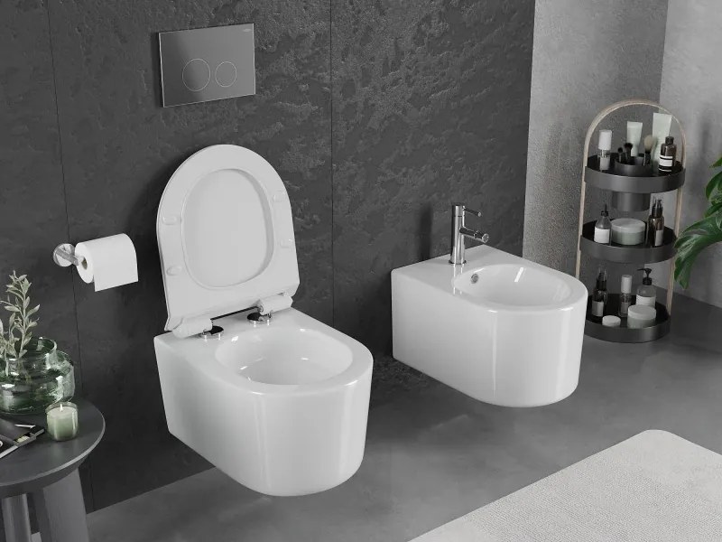 Mexen Sofia, závesná WC misa 490x360x355 mm, Rimless Tornádo + WC sedadlo z duroplastu, biela lesklá, 30540100T