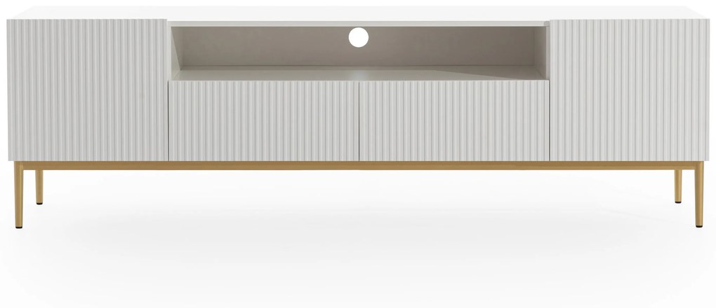 TV stolík Nicole 200 cm s otvorenou policou a zásuvkami - biely mat / zlaté nohy