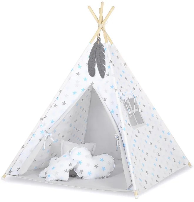 Bobono Stan Teepee pre deti + hracia podložka + vankúše + ozdobné perie - Stars modro-šedá/šedá