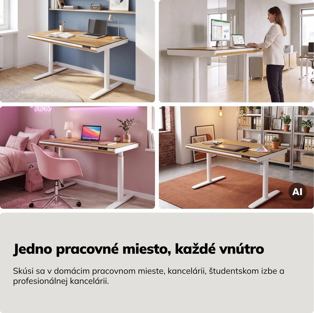Elektrický písací stôl sit-stand so zásuvkou a bezdrôtovou nabíjačkou Qi biely/zlatý dub, 1200 mm: ELLIS