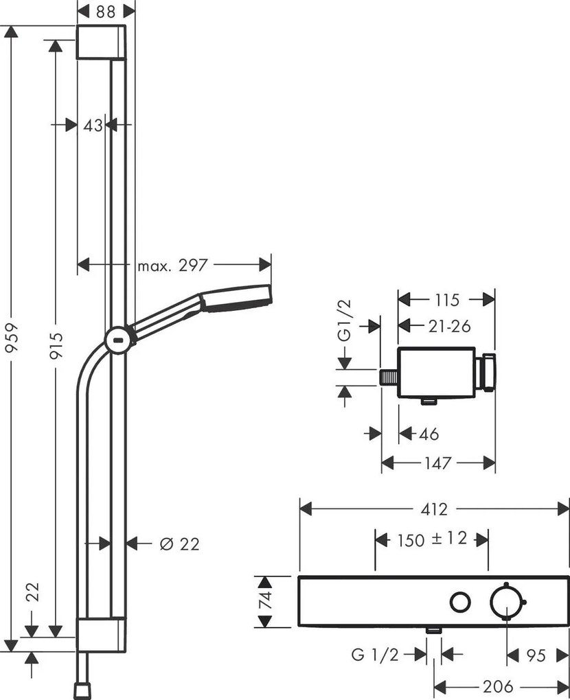 Hansgrohe Pulsify Select S, sprchová súprava 105 3jet Relaxation s termostatom, sprchovou tyčou 90 cm, chrómová, HAN-24270000