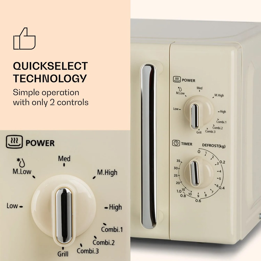 Klarstein Caroline, mikrovlnná rúra, 20 l, 700/1000 W, Ø 25,5 cm, QuickSelect, retro, krémová