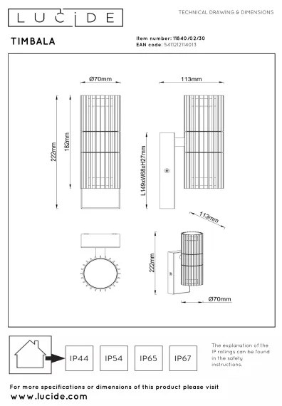 Lucide 11840/02/30 - Vonkajšie nástenné svietidlo TIMBALA 2xGU10/7W/230V IP44