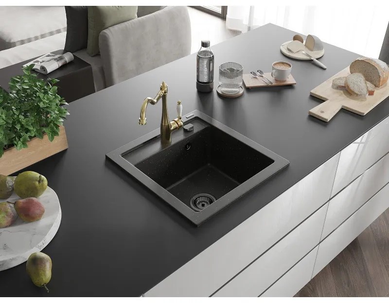 Mexen Vito, granitový drez 490x520x210 mm, 1-komorový a drezová batéria Carla, čierna-zlatá metalíza, 6503-75-670700-50-B