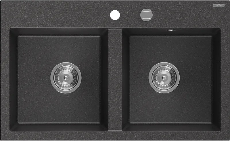 Mexen Hektor, 2-komorový granitový drez 800x480x205 mm, čierna škvrnitá, chrómový sifón, 6521802000-76