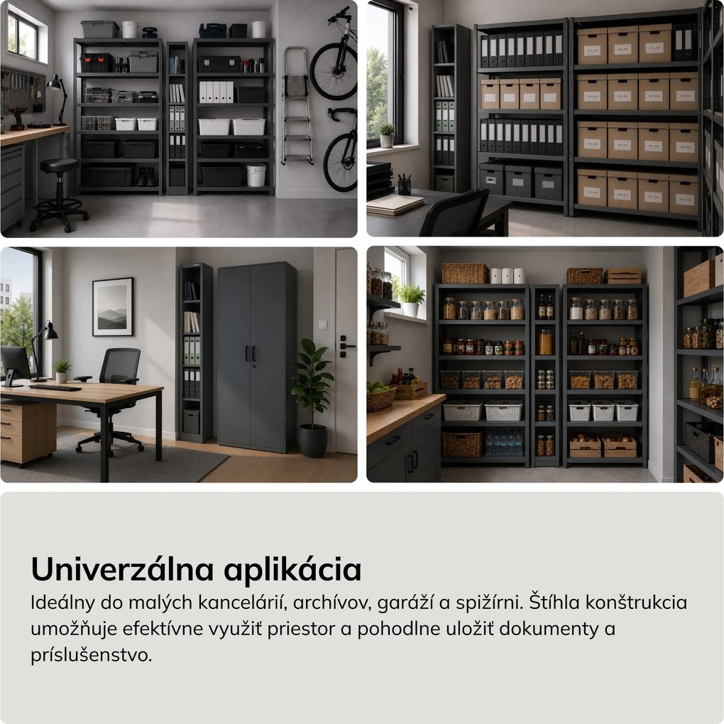 Úzky kovový archivačný regál na dokumenty antracitový, 250x1850x400 mm: TIM