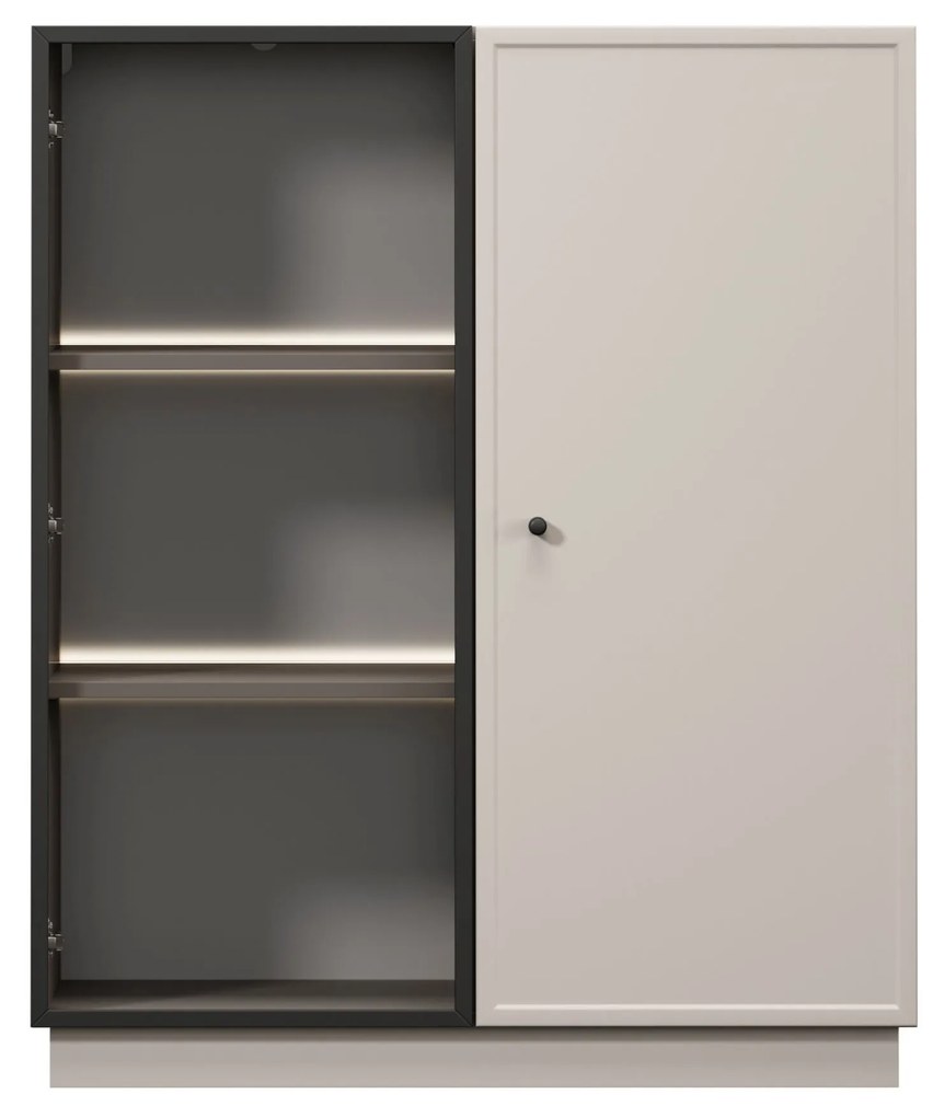 Vitrína Lorini 100 cm dvojdverová na sokli - kašmír / čierna úchytka