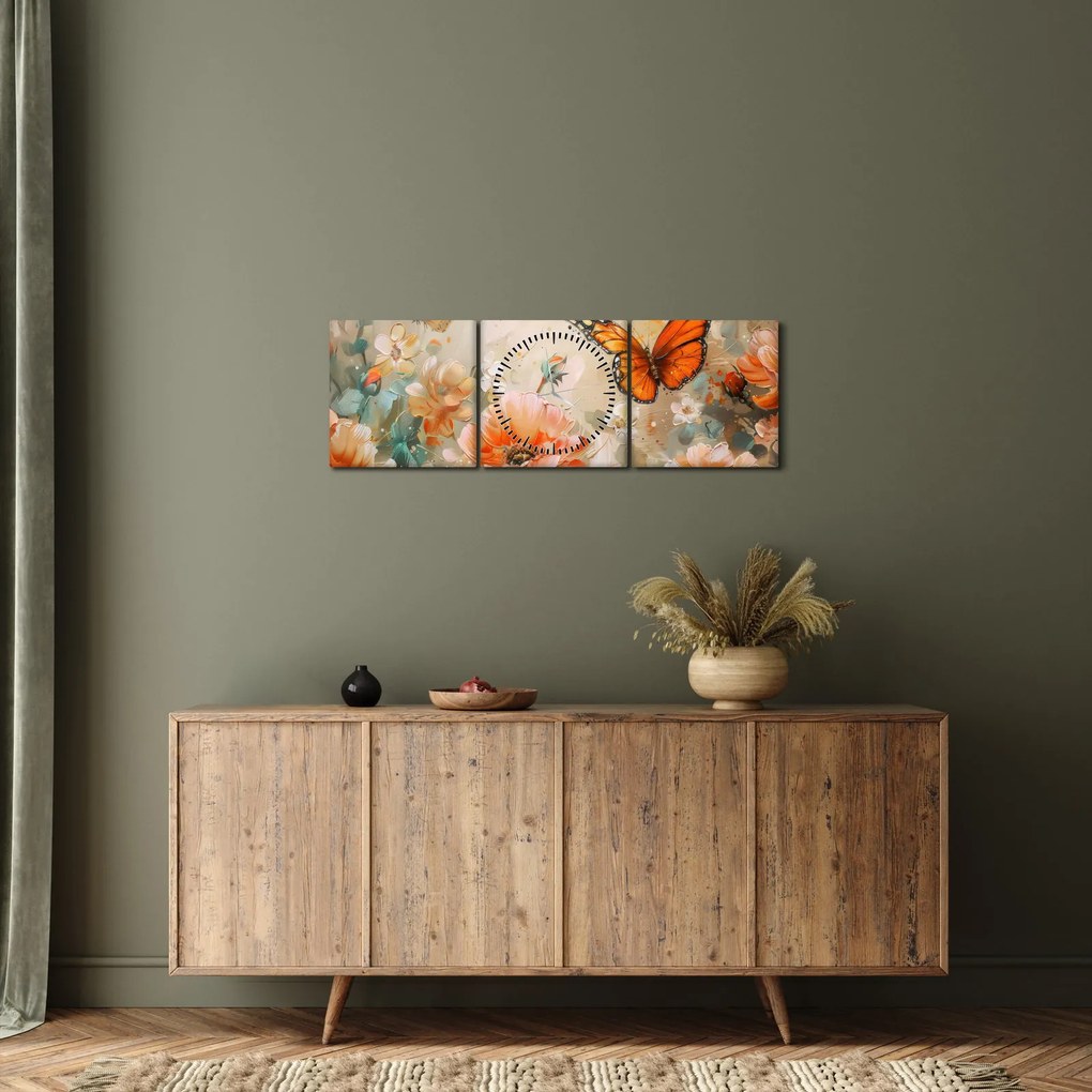 Obraz - Motýľ a kvety, olejomaľba (s hodinami) (90x30 cm)