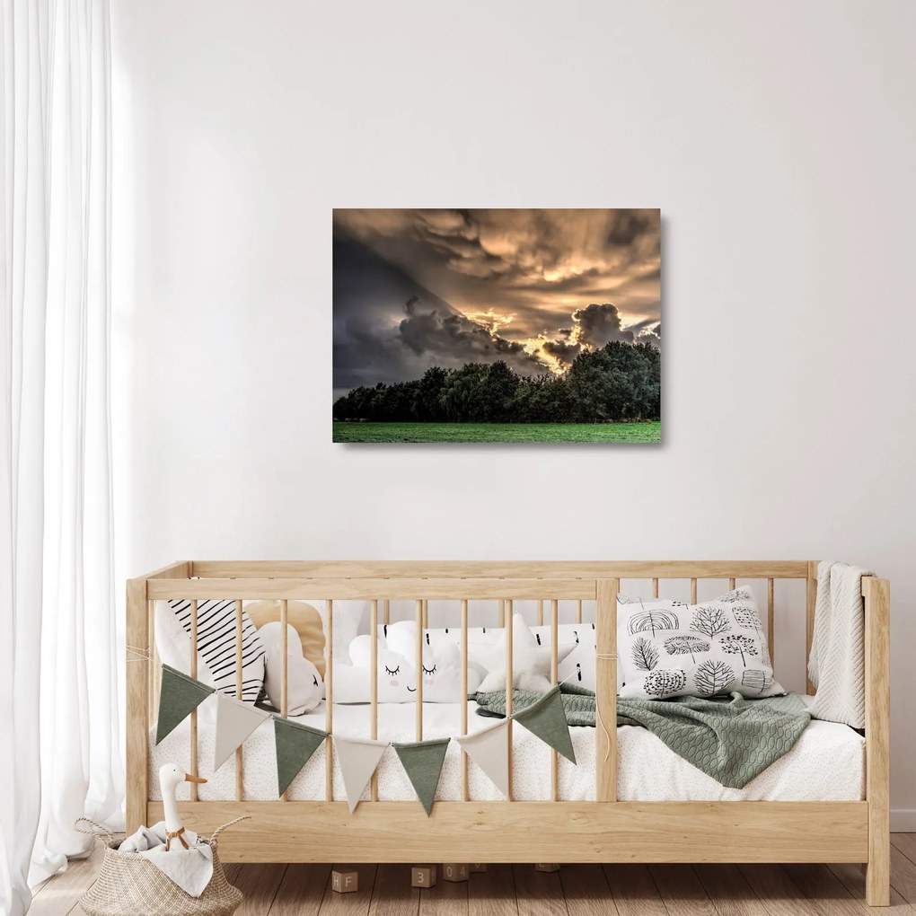 Sklenený obraz mračien a lesa (70x50 cm)