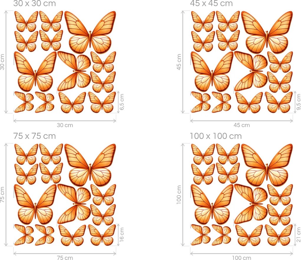 Motýle svetlooranžoví 13ks textilná prelepiteľná nálepka na stenu hárok 20 x 20 cm