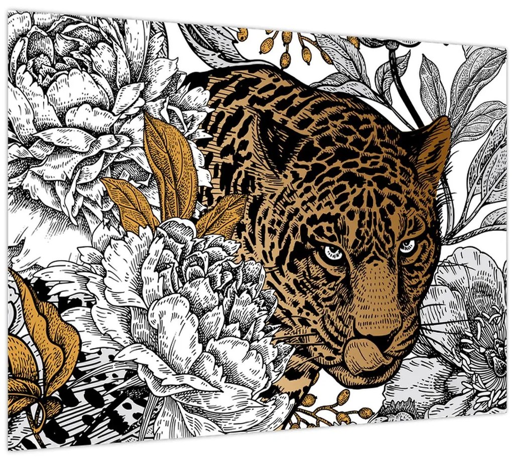 Sklenený obraz - Leopard medzi kvetmi (70x50 cm)