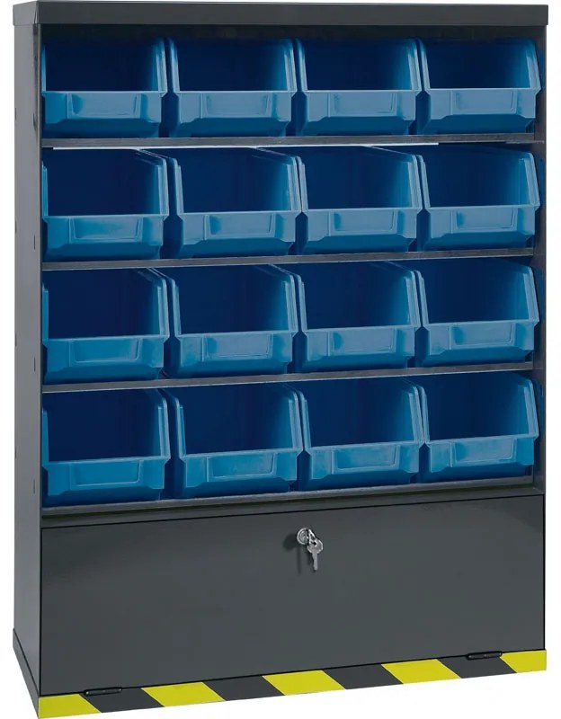 Závesný regál s plastovými boxmi BASIC a priehradkou, 16 boxov