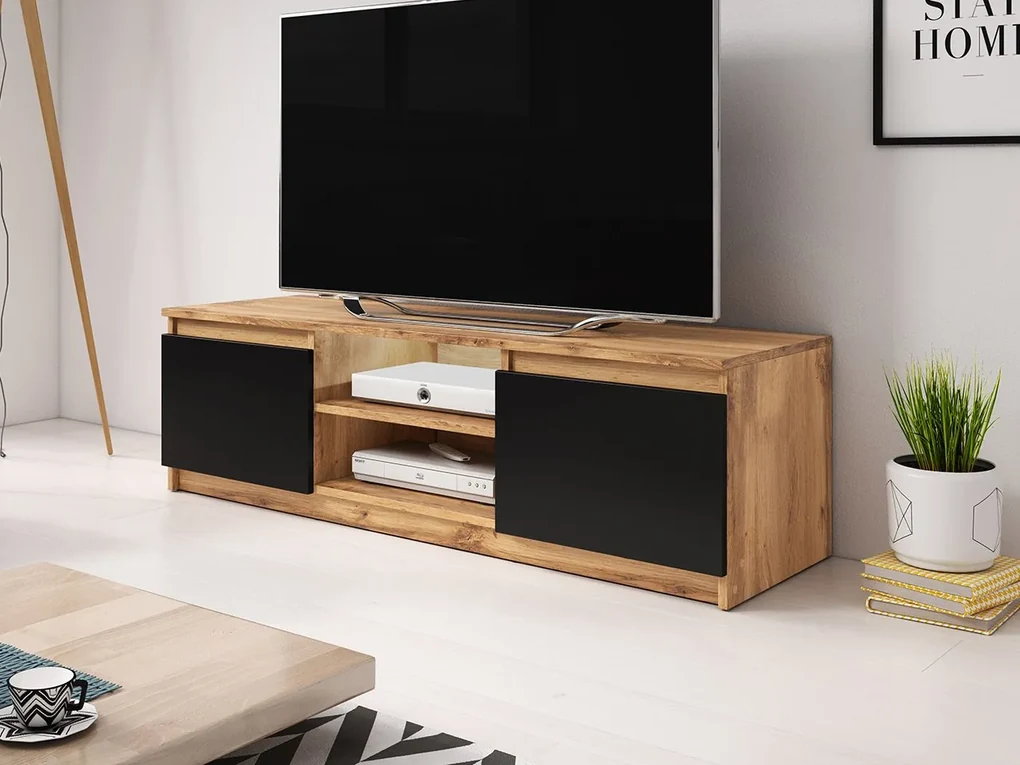 TV stolík Ziziko, Farby: dub wotan / dub wotan + čierny grafit, Osvetlenie: osvetlenie LED biele