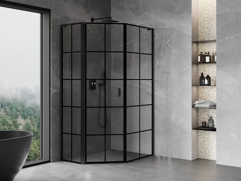Mexen Mist L, päťuholníkový sprchový kút s krídlovými dverami, 90 x 100 cm, 8mm číre sklo, čierny profil, 8A8L-090-100-70-77-L