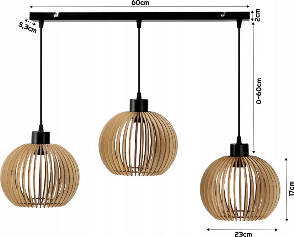 LED závesná lampa 3xE27 drevená nastaviteľná do kuchyne obývačky atmosférická