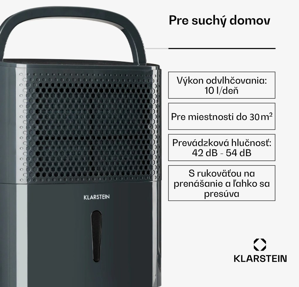 Klarstein DryFy 10, odvlhčovač vzduchu, 240 W, 10 l/24 h, 100 m³/h, 20-30 m², DrySelect, 40 dB, sivý