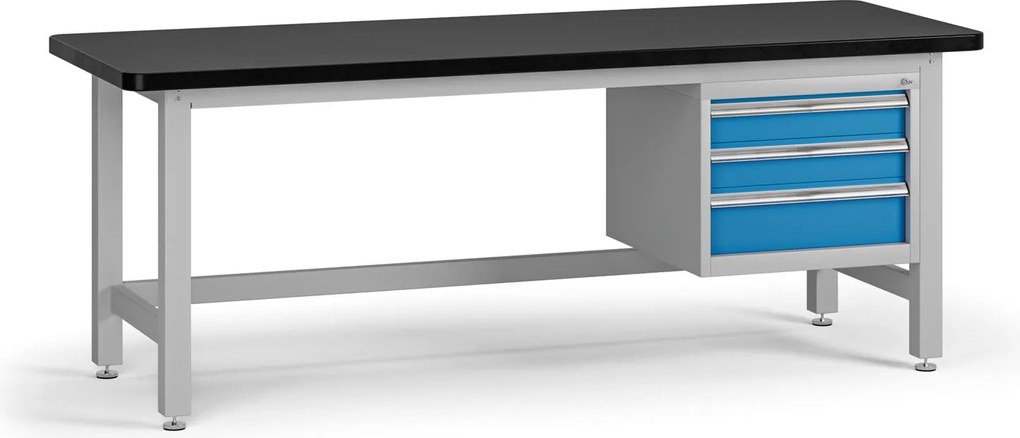 Pracovný stôl do dielne G4 so závesným boxom na náradie, MDF + PVC doska, 3 zásuvky, 2100 x 750 x 800 mm, modrá