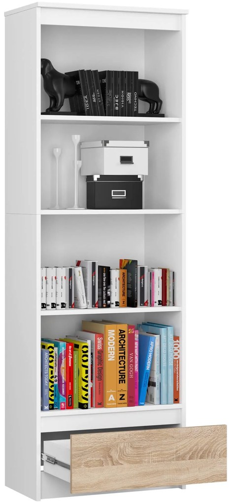 Kancelársky regál Rexa 60 cm 1 zásuvka a 4 police biely/sonoma