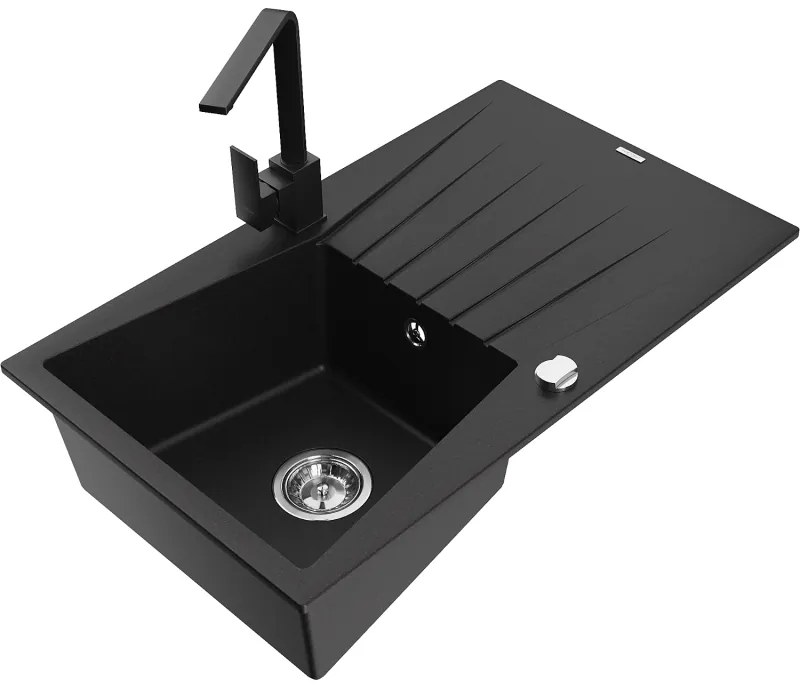 Mexen Cesar, granitový drez 775x470x190 mm, 1-komorový, čierna s chrómovým sifónom a čierna drezová batéria Rita, 6514-77-670300-70