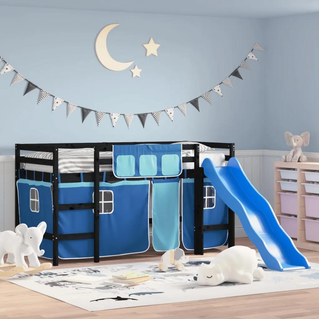 Detská vyvýšená posteľ závesy modrá 80x200 cm masívna borovica 3207016