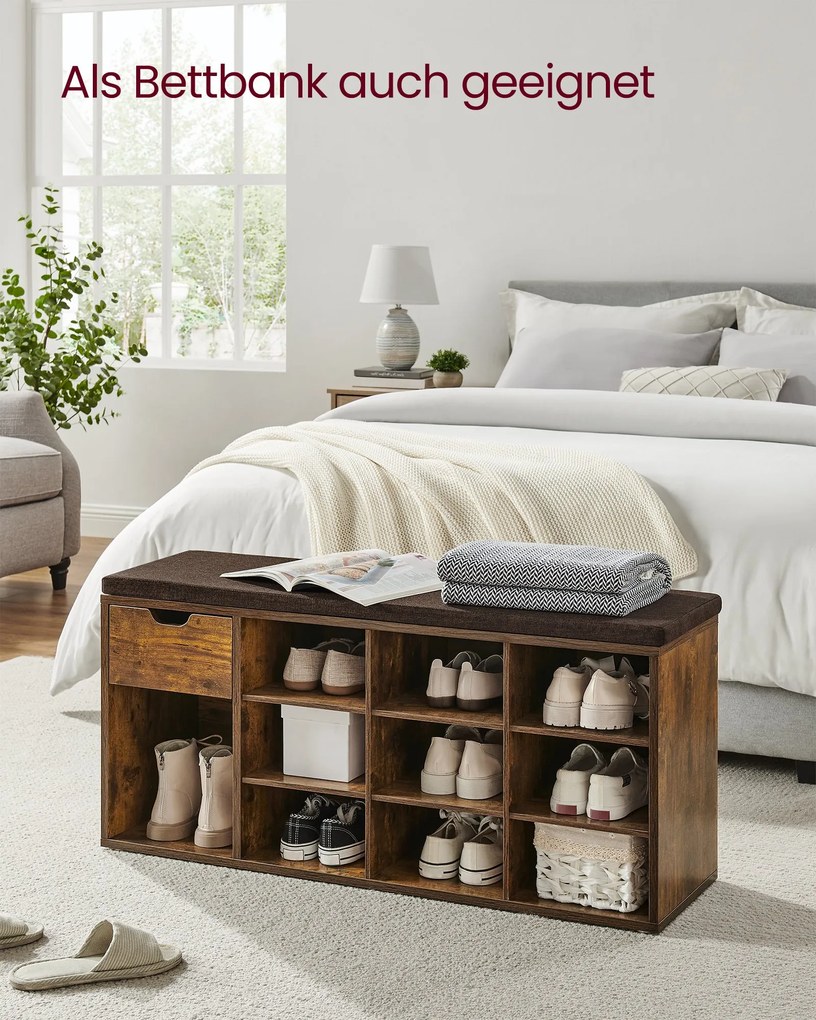 Botník s lavicou, 10 priehradiek a šuplík, 48x104x30cm