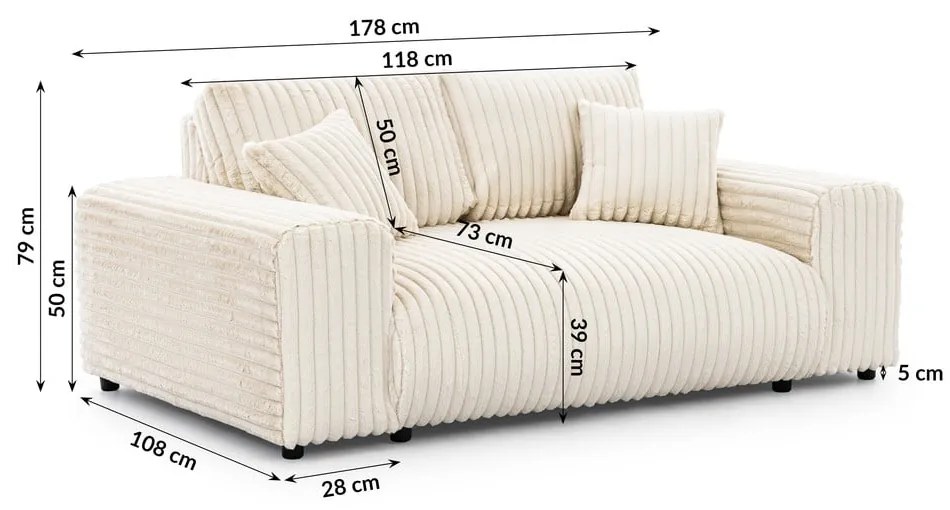 Krémová menčestrová pohovka 178 cm Justin – Ropez