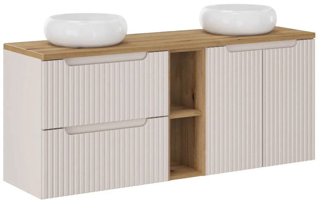 Závesná skrinka Nova Cashmere s doskou a umývadlami 140 cm kašmír/dub evoke
