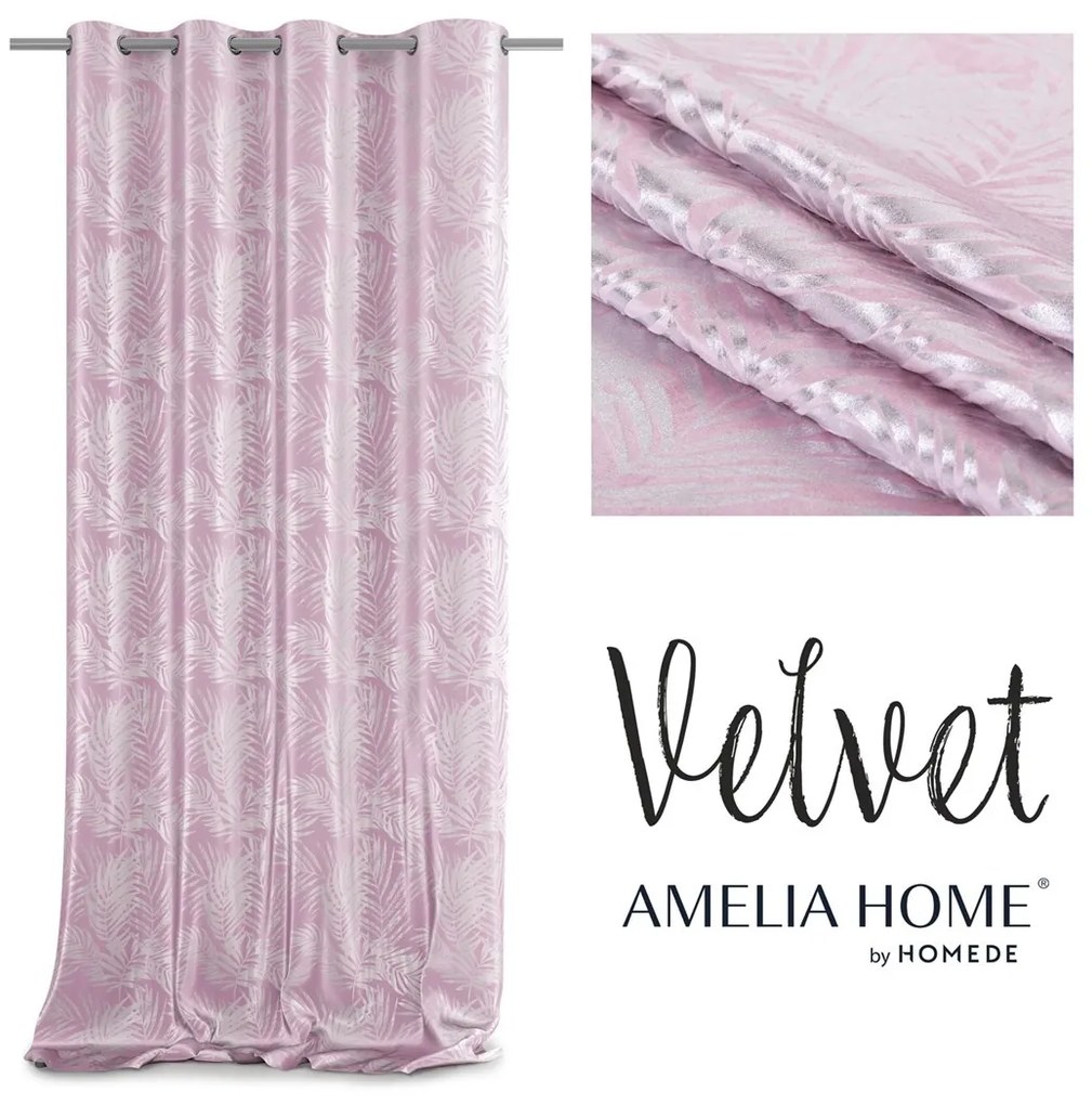 Záves AmeliaHome Velvet Silver Leaves ružový