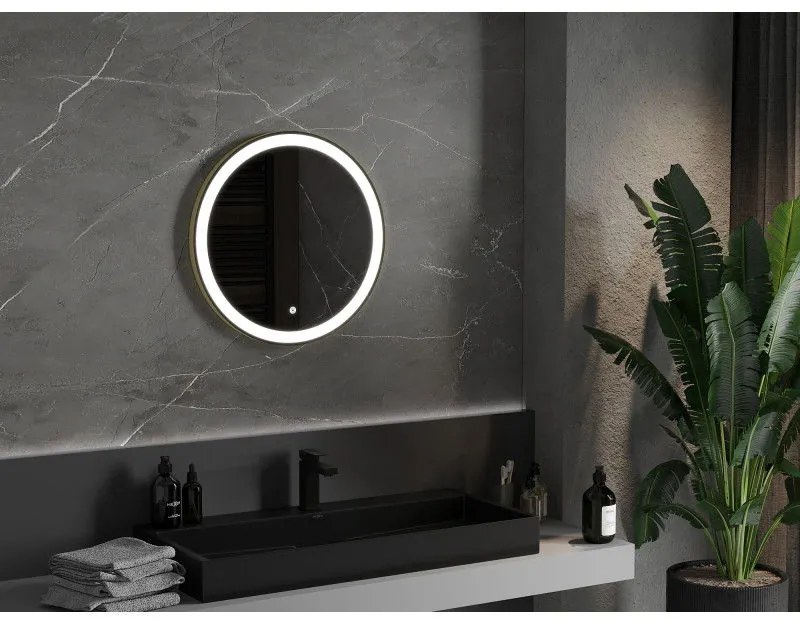Mexen Esso, okrúhle LED podsvietené kúpeľňové zrkadlo 60 cm, 6000K, vykurovacia podložka proti zahmlievaniu, zlatý rám, 9825-060-060-611-50