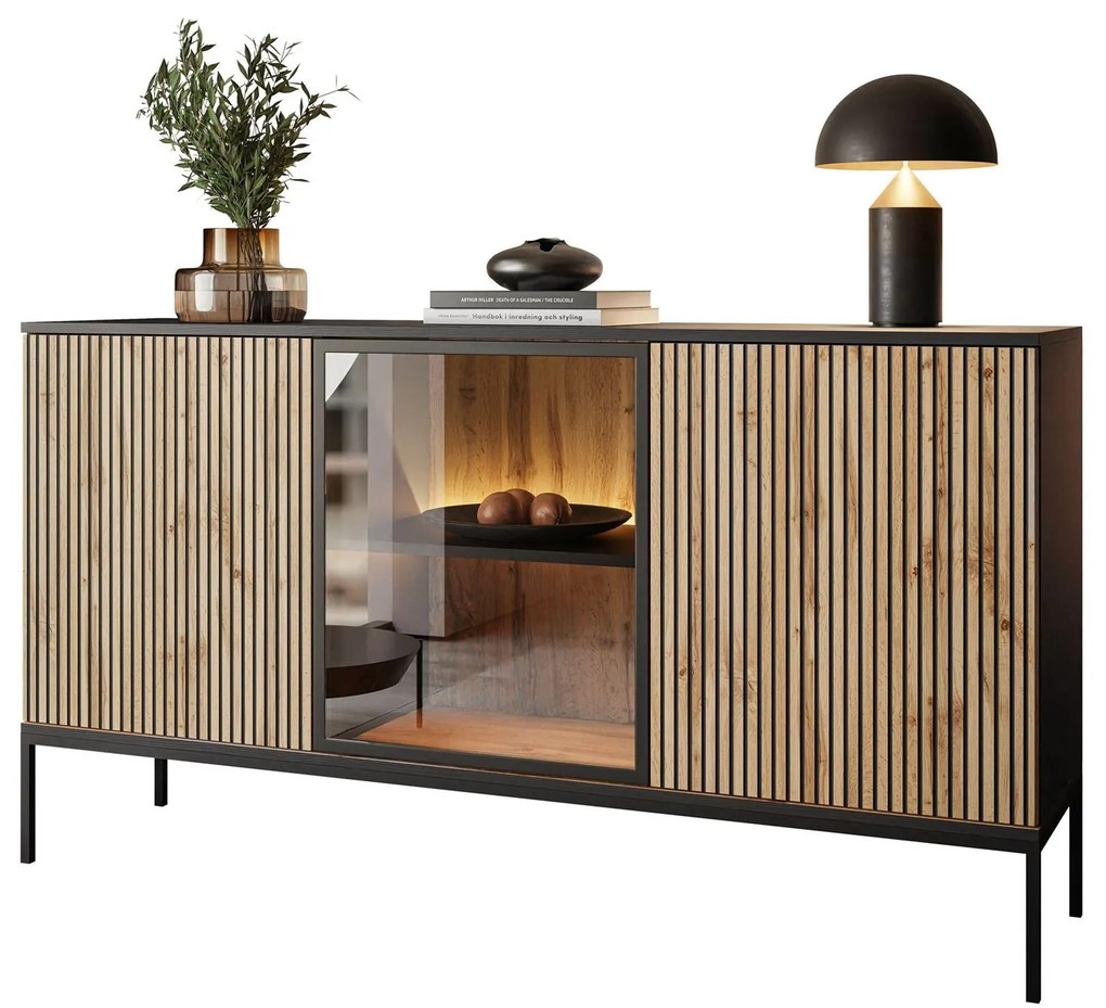 Komoda ADRIENNE s LED osvetlením + čierna matná + dub wotan 154cm
