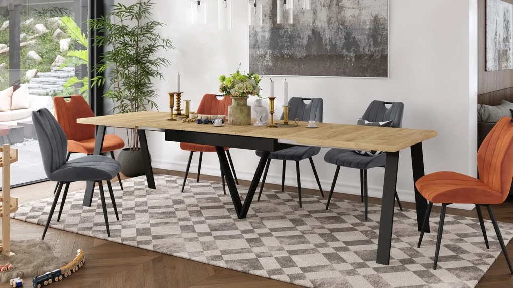 AVERY Dub Craft / čierna spodná časť - LOFTOVÝ / PRIEMYSELNÝ STÔL DO OBÝVAČKY/ JEDÁLNE ROZKLADACÍ DO 290 cm!