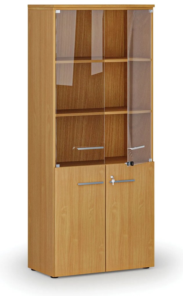 Kombinovaná kancelárska skriňa PRIMO WOOD s drevenými a sklenenými dverami, 800 x 420 x 1781 mm, buk