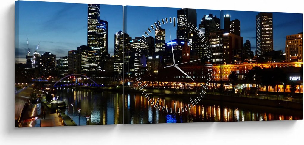 Obraz noci v Melbourne (s hodinami) (90x30 cm)
