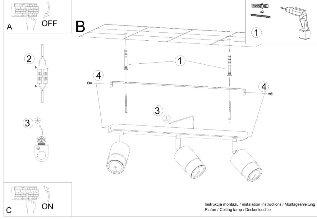 Bodové svietidlo Nero, 3x čierne kovové tienidlo, (možnosť polohovania), ch