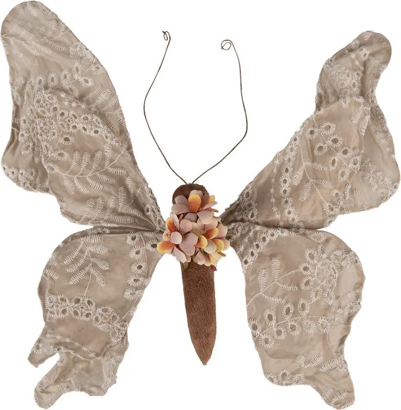 Béžová dekorácia motýľ na klipe zdobený čipkou Butterfly - 33*6*31 cm