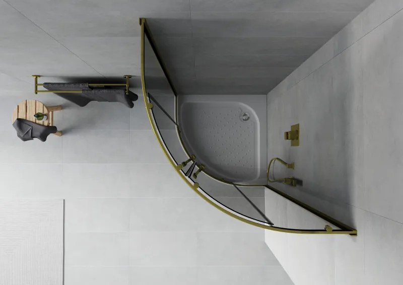Mexen Rio, štvrťkruhový sprchovací kút s posuvnými dverami 80(dvere) x 80(dvere) x 190 cm, 6mm šedé sklo, zlatý profil + biela sprchová vanička RIO, 863-080-080-50-0-4710