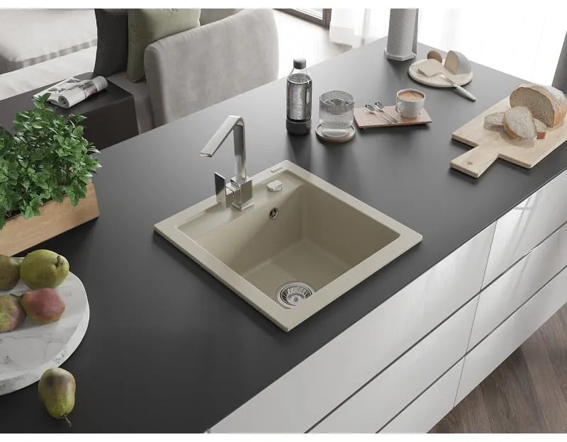 Mexen Vito, 1-komorový granitový drez 520x490x210 mm, chrómová batéria Rita, béžová, 6503-69-670300-00