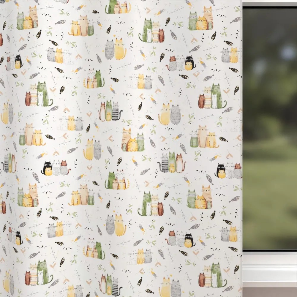 Biante Detský bavlnený záves Sandra SA-652 Mačací svet zeleno-žltý na bielom 150x260 cm