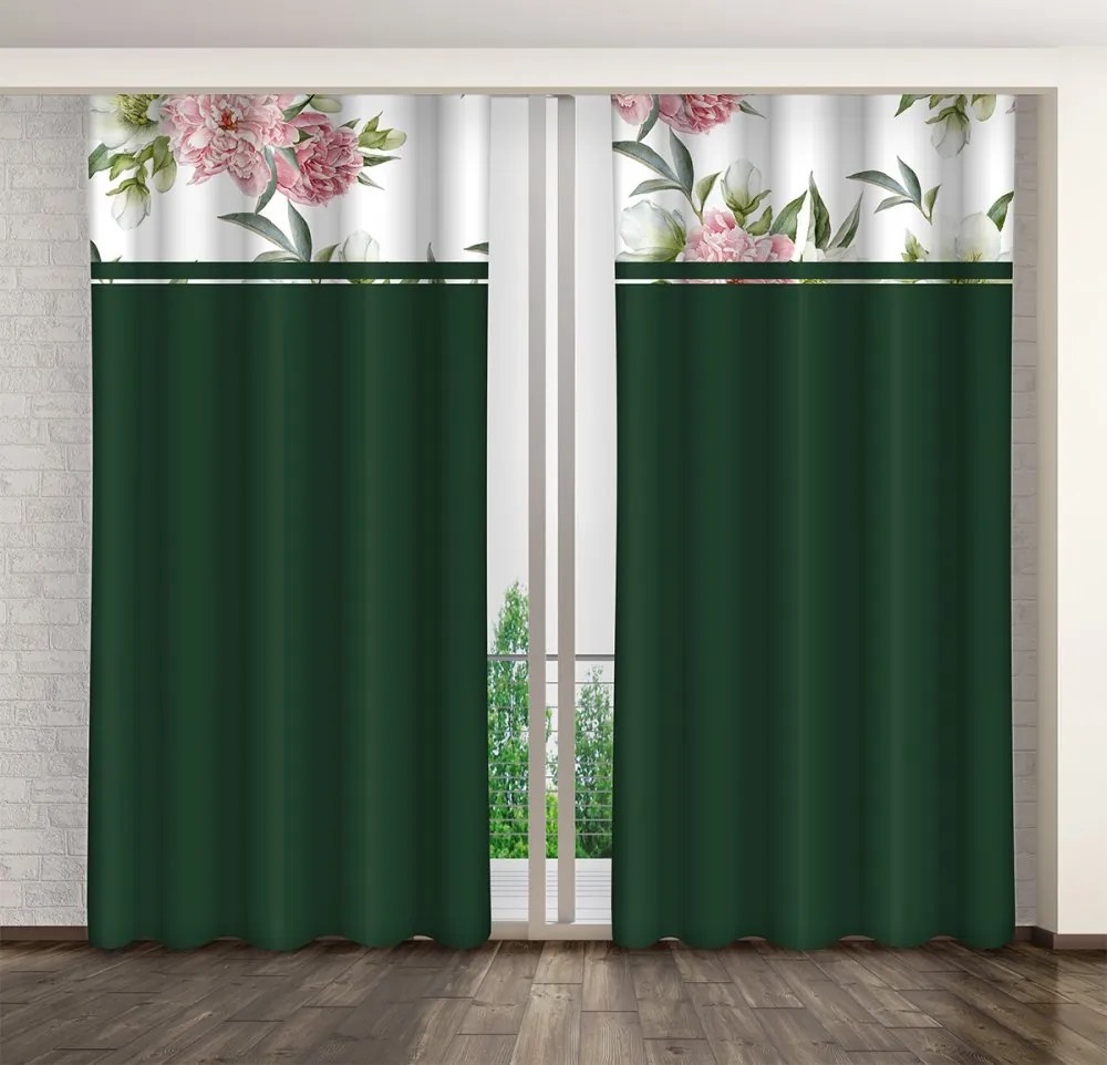 Elegantný tmavozelený záves s potlačou ružových pivónií Šírka: 160 cm | Dĺžka: 250 cm