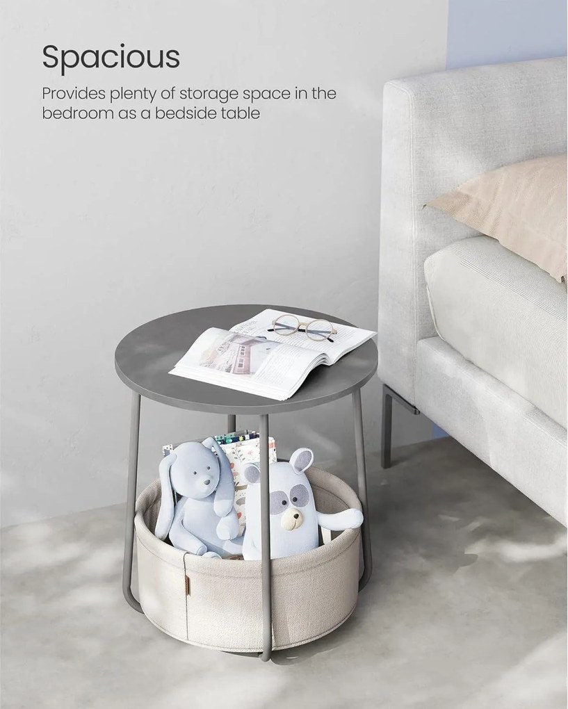 Okrúhly príručný stolík s látkovým košom, sivá a biela farba