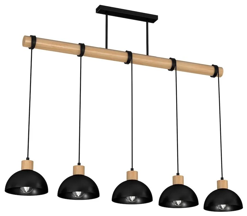Závesné svietidlo Erik, 5x čierne kovové tienidlo, b/drevo