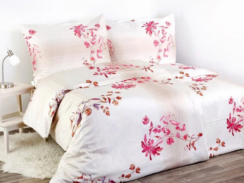 Škodák Saténové posteľné obliečky vzor SA-417 Ružové kvety na béžovom - Jednolôžko 140 x 200 cm